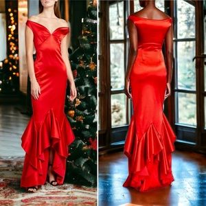 Chiara Boni Satinos Off the Shoulder Godet Hem Satin Gown Red Maxi Dress 8 44
